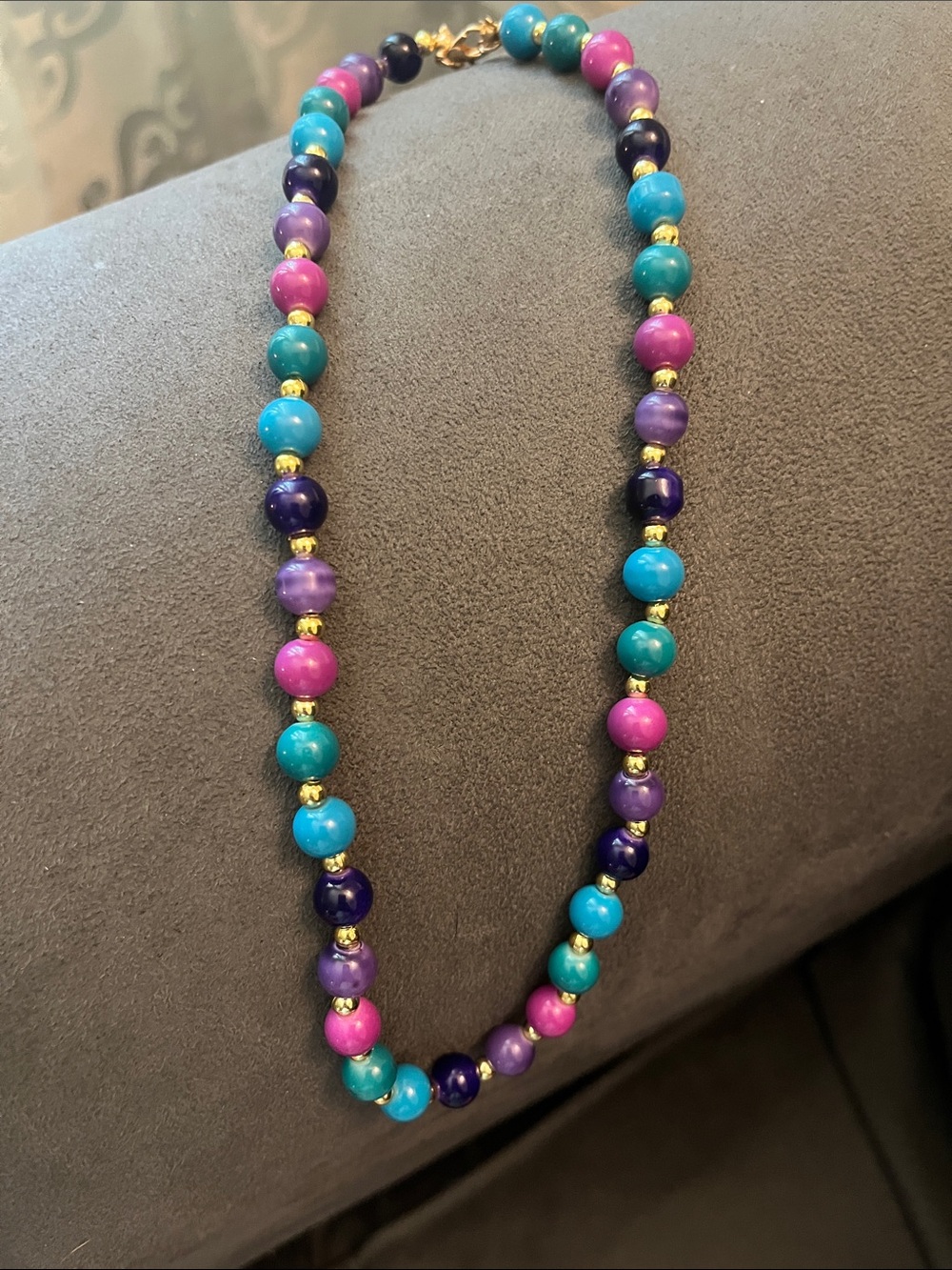 Colorful Beaded Necklace in Turquoise, Purple & Pink with Gold Accents